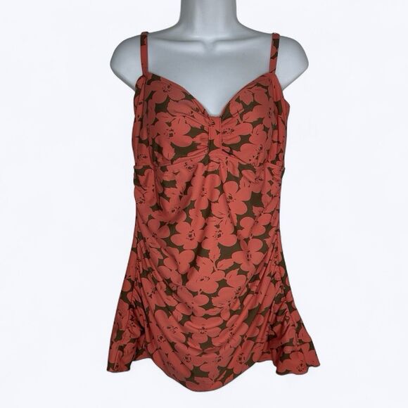 Shore Shapes Swimwear One Piece Bathing Suit Sz 14 Coral Brown Floral Skirted - Picture 1 of 16